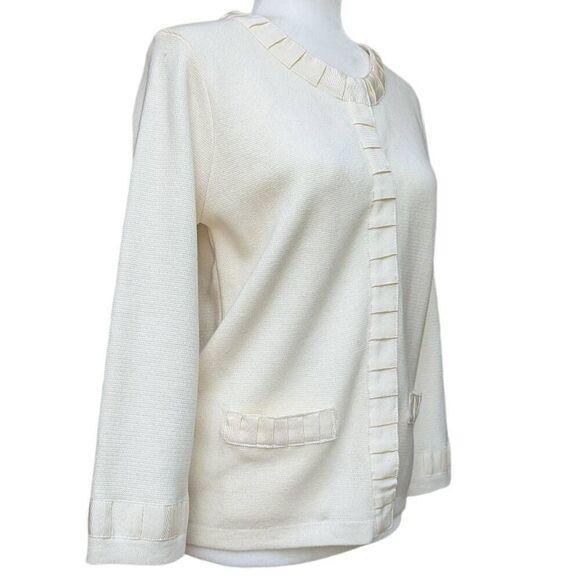 Audrey & Grace White Knit Blazer Pockets Round Neck Snaps Trim Ribbon Size L - Picture 3 of 10